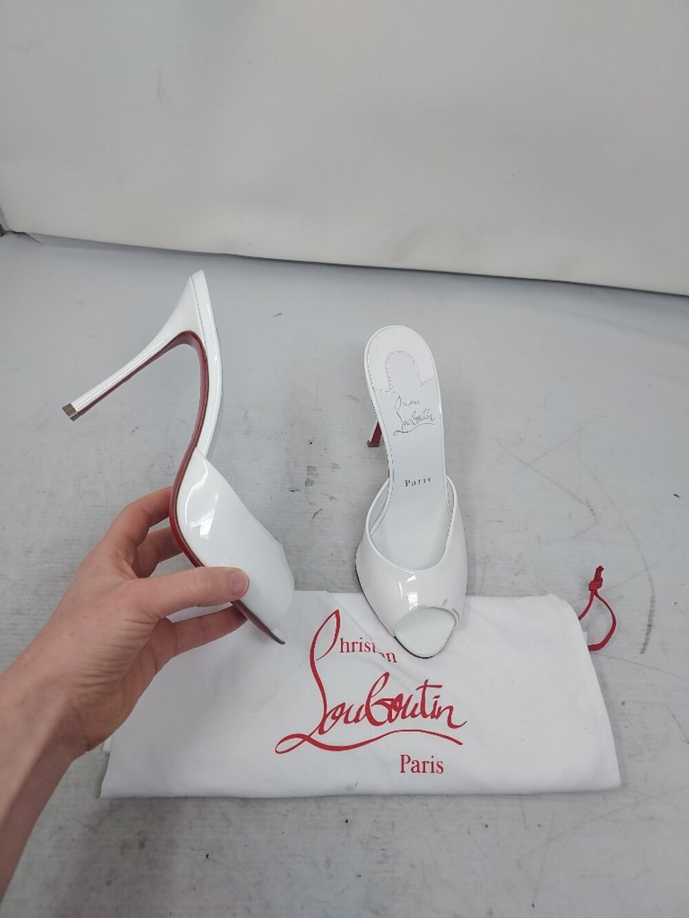 CHRISTIAN LOUBOUTIN Me Dolly Patent Leather White Mule Sandal
